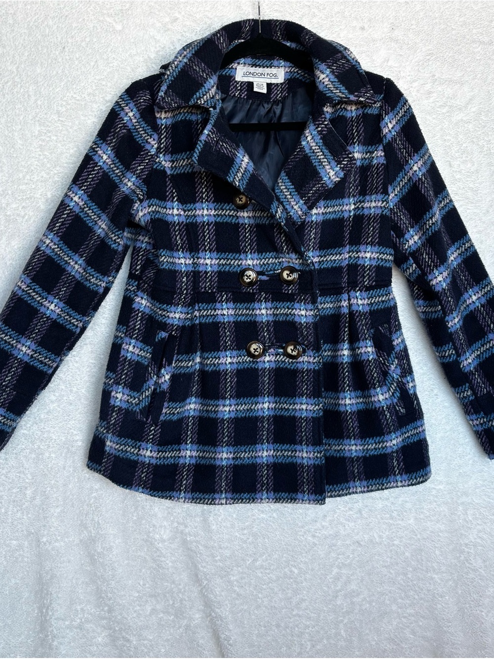 London Fog Navy & Light Blue Plaid Double-Breasted Peacoat